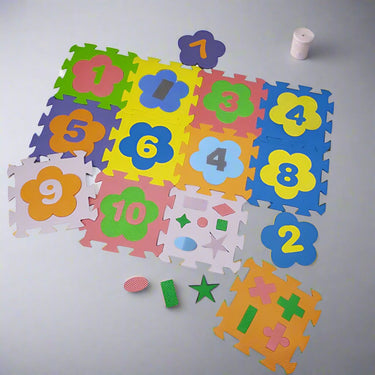 MULTICOLOR FLOWER SHAPED NUMERICAL PUZZLE PLAY MAT - 12 PCS